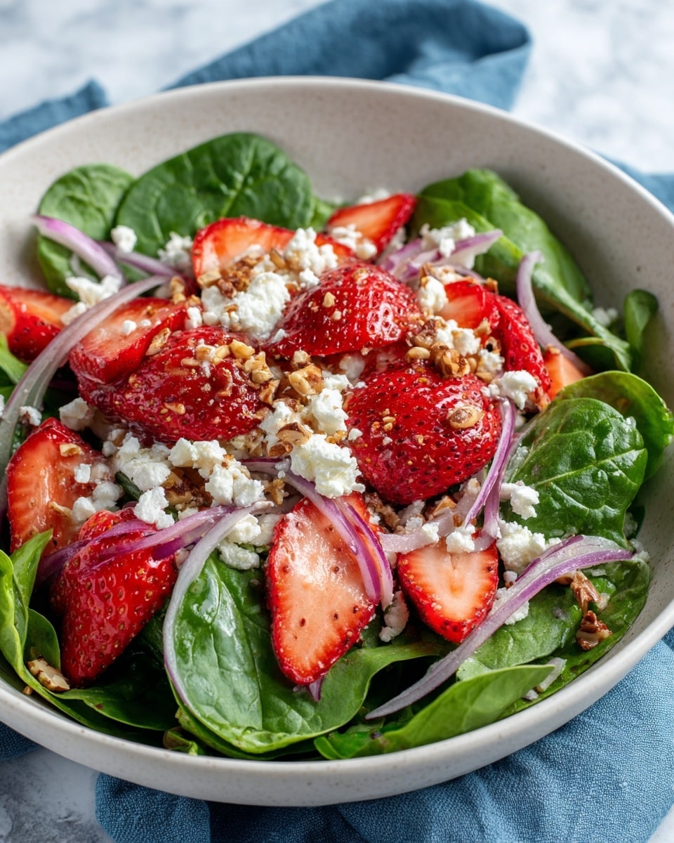 A white bowl filled with a fresh salad, starting with a base layer of bright green spinach leaves. On top, there are several large, red strawberry halves scattered evenly, adding a juicy texture. Thin slices of light purple red onion are spread partially over the strawberries. White crumbled cheese is sprinkled generously across the salad, contrasting with the green and red. Small pieces of chopped brown nuts are also scattered on top, adding a crunchy texture. The bowl sits on a blue cloth over a white marbled surface. Photo taken with an iphone --ar 4:5 --v 7
