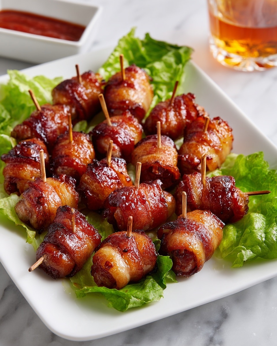 A white rectangular plate is filled with a neat pile of small, golden-brown bacon-wrapped sausages, each piece skewered with small wooden sticks. The bacon looks crispy and shiny with a glazy finish, showing slight caramelization and texture from the grill. Fresh green lettuce leaves are placed on both sides of the plate for garnish. In the background, there is a small white dish with red sauce and a blurred glass of amber-colored liquid. The whole setup rests on a white marbled surface. photo taken with an iphone --ar 4:5 --v 7
