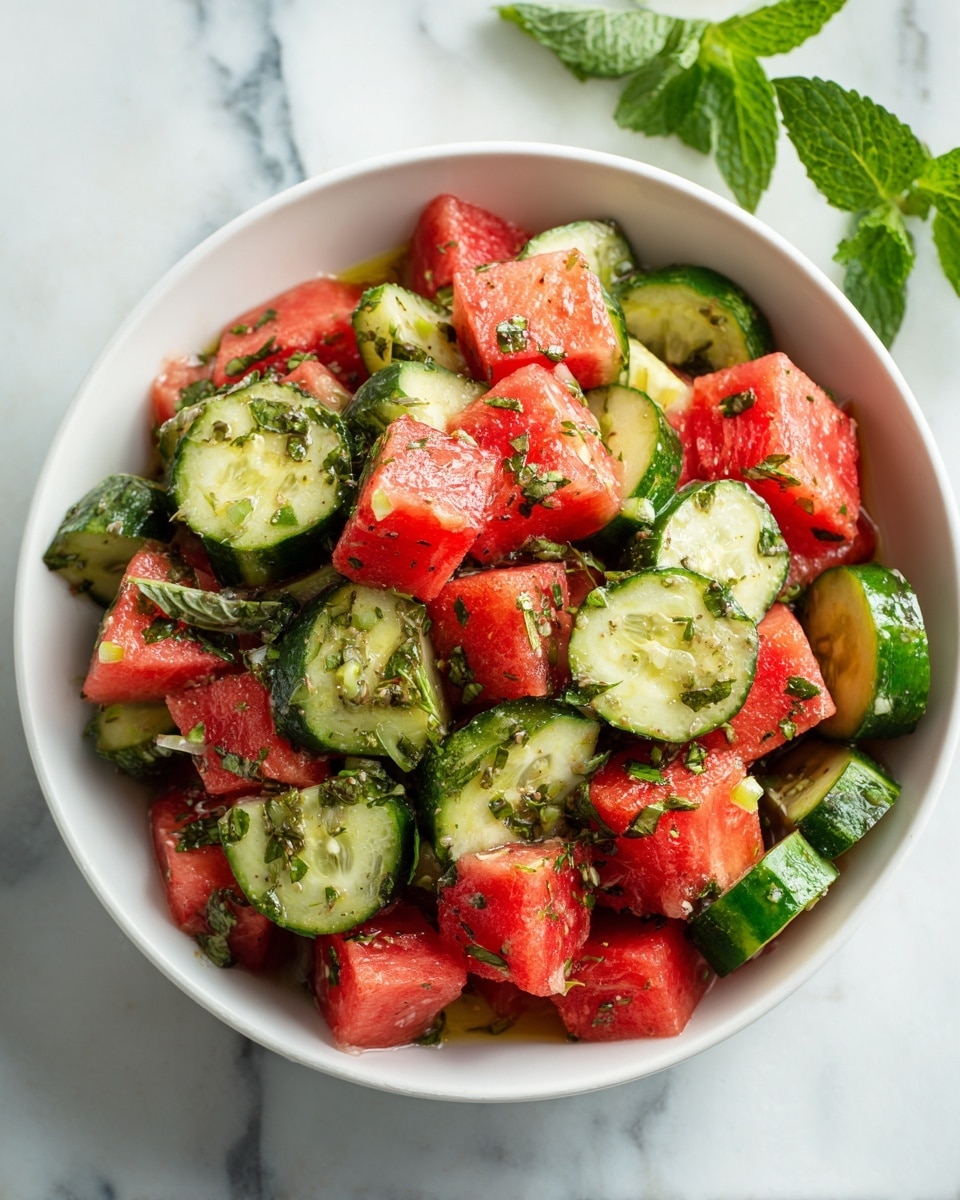A white bowl filled with a colorful salad showing bright red watermelon cubes mixed with vibrant green cucumber slices and small pieces of fresh green herbs scattered throughout. The watermelon pieces have a juicy and soft texture, while the cucumber slices appear crisp and refreshing with a slightly glossy surface. The salad looks lightly coated with a shiny, zesty dressing that enhances the freshness of the ingredients. The bowl sits on a white marbled surface with a few green herb leaves placed nearby. photo taken with an iphone --ar 4:5 --v 7