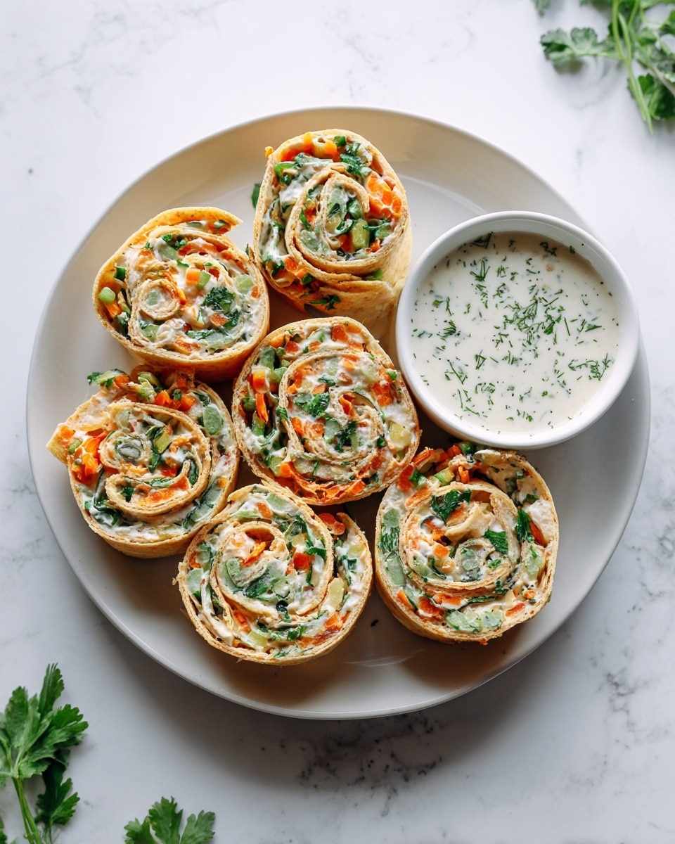 The image shows nine vegetable tortilla roll ups arranged neatly on a white plate. Each roll has a thin light brown tortilla layer wrapped around a filling of creamy white spread mixed with small pieces of orange and green vegetables, creating a colorful and fresh look. The rolls are thick, about three to four layers visible with the vegetable filling evenly spread inside. The plate sits on a white marbled surface, with some green leafy herbs scattered gently around. Next to the plate is a small white bowl filled with a herb-speckled white dipping sauce. Photo taken with an iphone --ar 4:5 --v 7