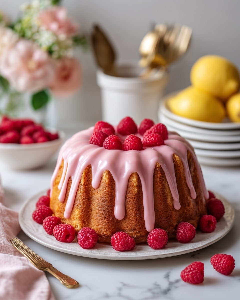 A single-layer bundt cake with a golden brown texture sits on a white plate, topped with a thick, glossy bright pink glaze that drips smoothly down the sides. Around the base of the cake, fresh red raspberries are placed evenly on the white marbled surface. In the background, there is a small white bowl filled with raspberries on the left, a stack of white plates in the center, and two bright yellow lemons with white cloth nearby on the right, set against a muted reddish-brown wall. Photo taken with an iphone --ar 4:5 --v 7