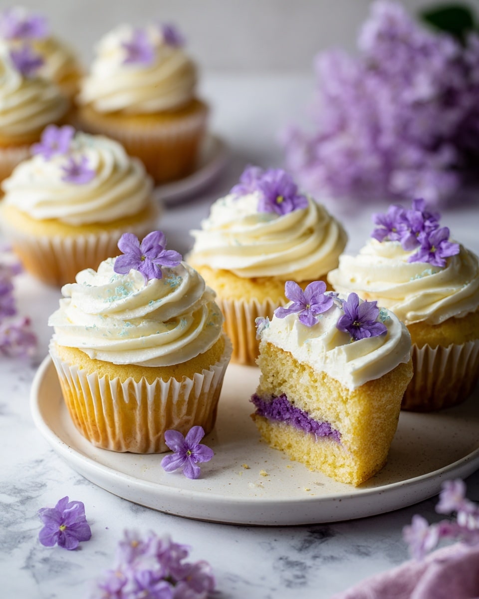 A close-up view of several vanilla cupcakes on a white plate set against a white marbled surface. Each cupcake has three layers: a golden yellow base, a middle layer of purple filling visible inside one cut cupcake, and a thick swirl of creamy white frosting on top. The frosting is decorated with small, delicate purple flowers evenly placed on each cupcake, matching the purple filling. The background is softly blurred with more purple flowers, creating a gentle, fresh look. Photo taken with an iphone --ar 4:5 --v 7
