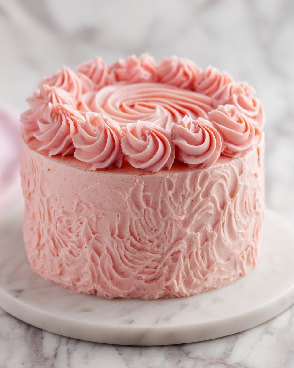 A round cake with three visible layers, each separated by light pink frosting. The outside of the cake is fully covered in smooth pink frosting with a textured design made of swirls going around the sides and forming a spiral pattern on top. The cake sits on a white marbled round board. The background is a white marbled surface. photo taken with an iphone --ar 4:5 --v 7