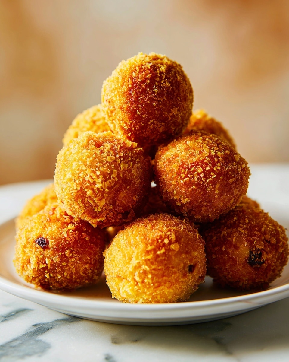 A stack of round, golden-brown fried balls with a crispy, textured outside sits on a plain white plate. The balls are piled neatly in a small mound, showing some darker spots where the frying made them a deeper brown. The plate is placed on a white marbled surface, with a soft background of blurred warm tones. The lighting highlights the crunchy texture of the balls, making them look fresh and tasty. photo taken with an iphone --ar 4:5 --v 7