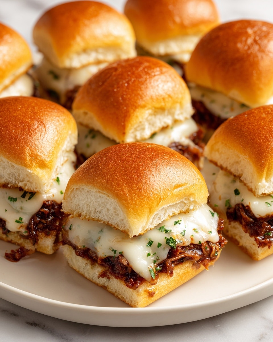 The image shows a close-up of several small sandwiches neatly arranged on a white plate, placed on a white marbled surface. Each sandwich is made of soft, shiny, golden-brown bread rolls with a smooth, slightly glossy top layer. Inside, there is a generous layer of melted white cheese that looks creamy and slightly stretched, sitting over a rich, dark brown, crumbly meat filling mixed with green herb bits, all tightly packed between the bread halves. The sandwiches are placed closely together in two rows, highlighting the soft texture of the bread and gooey cheese. The photo taken with an iphone --ar 4:5 --v 7